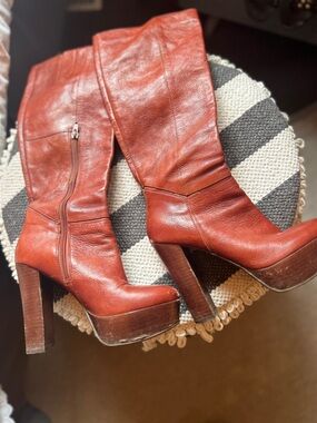 Classic Nine West Platform Knee-High Boots in Rust Red